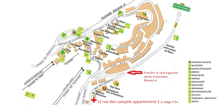 plan de bonascre avec l'adresse de mon appartement :12 rue des campels ,1er étage,n°34.Indication:prendre la 1ère à gauche aprèes le panneau bonascre."